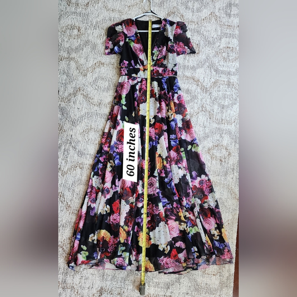 Ieena for Mac DuggalBlack Floral Print Mesh Short Sleeve Gown, Sizee 6 Worn Once - Picture 9 of 15